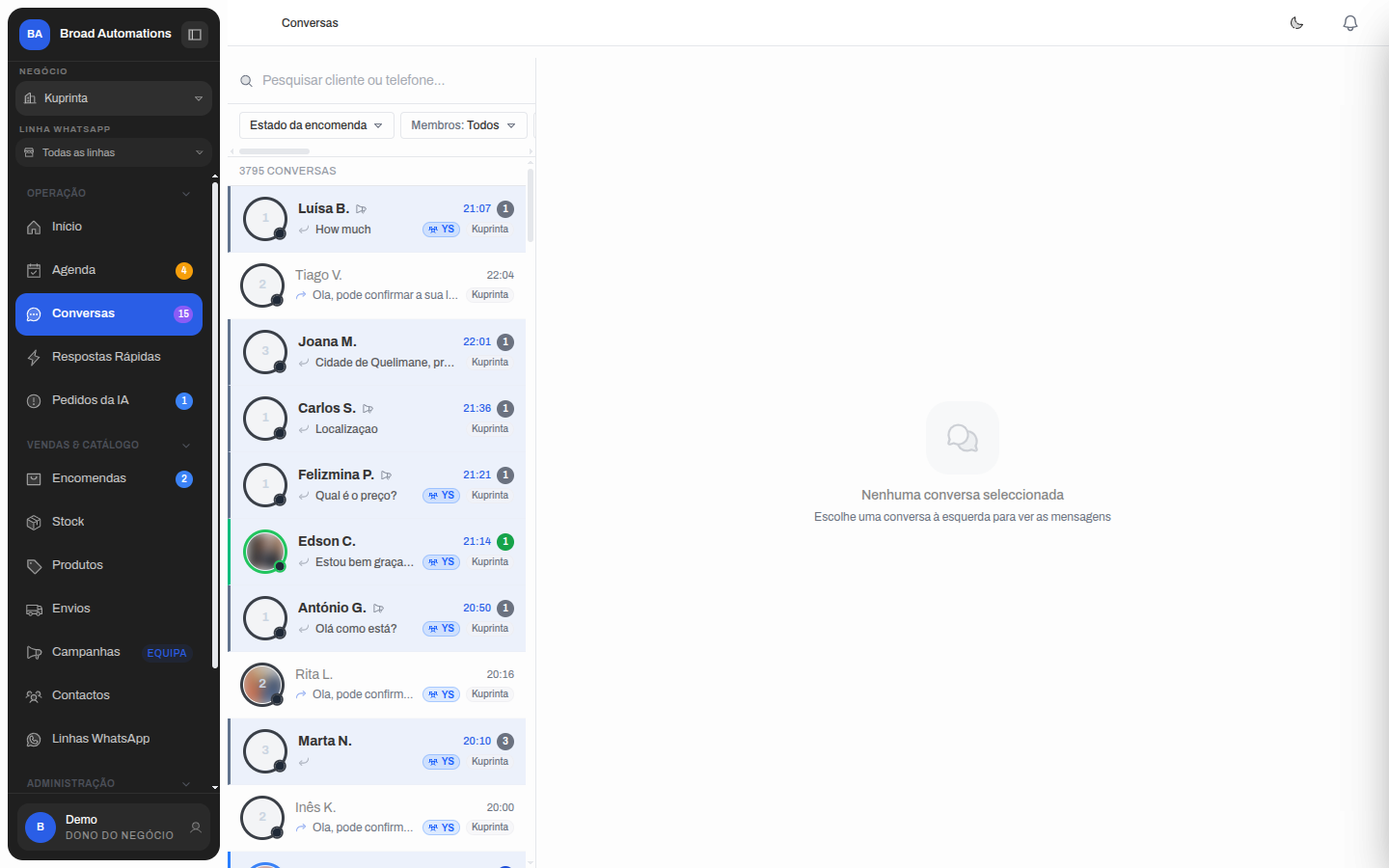 Painel de conversas WhatsApp com histórico partilhado entre vendedores